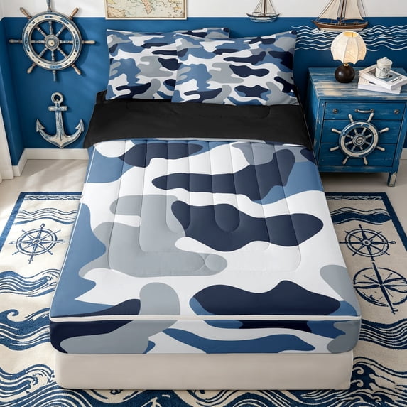 Erosebridal Modern Camouflage Zipper Queen Comforter Set with Fitted Sheet and 2 Pillowcases for Boys Men, Navy Abstract Camo Print Zipper Bedding Set, Black Reversible, 4pcs