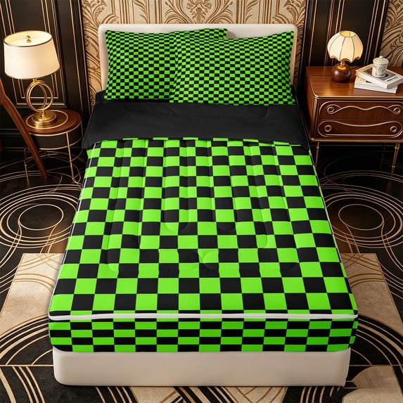Erosebridal Modern Checkered Pattern Zipper Queen Comforter Set with Fitted Sheet and 2 Pillowcases,Square Block Print Zipper Bedding Set,Neon Green Black,Black Reversible