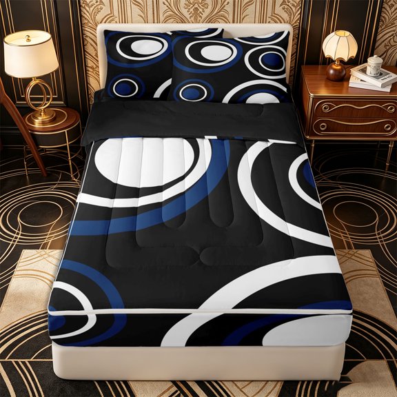 Erosebridal Modern Circular Pattern Zipper Twin Comforter Sets with Fitted Sheet and 2 Pillowcases,Ring Shape Print Zipper Bedding Set,Blue Black White,Black Reversible