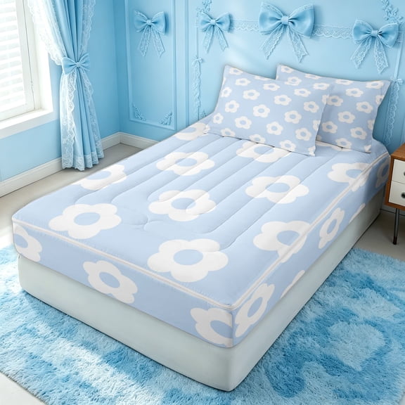 Erosebridal Modern Daisy Zipper Queen Comforter Set with Fitted Sheet and 2 Pillowcases for Girls, Plain Floral Print Zipper Bedding Set, Blue White, Polkadot Reversible, 4 Pieces