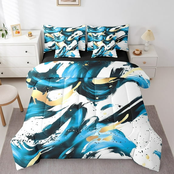 Erosebridal Modern Fashion Bedding Sets Queen Size, Watercolor Artwork Comforter Sets with Sheets, Cyan Reversible Bed Sheets Set, Ultra Soft Room Decorative, 7 Pieces