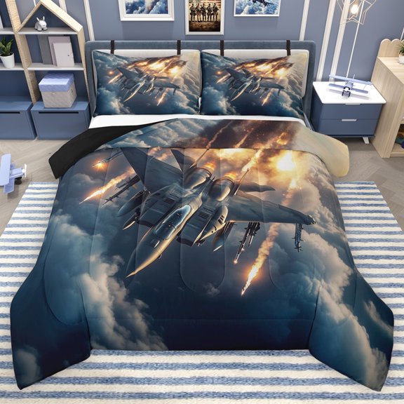 Erosebridal Modern Fighter Plane Full Size Comforter Sets for Boys Men, Aircraft Airplane Bedding Sets, Black Reversible, 1 Comforter and 2 Pillowcases
