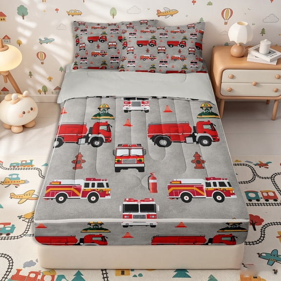 Erosebridal Modern Fire Engine Pattern Zipper Twin Comforter Sets with Fitted Sheet and 2 Pillowcases,Cartoon Car Theme Zipper Bedding Set,Red Gray Orange,Grey Reversible