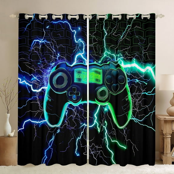 Erosebridal Modern Gaming Curtains Pack of 2 (38x54), 3D Gamepad Curtains for Living Room, Neon Lightning 30%-50% Black Out Curtains, Window Drapes Bedroom Decoration