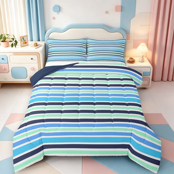 Erosebridal Modern Geometric Line King Size Comforter Sets,Linear Stripes Comforters King Size,Navy Blue Reversible,3-Piece,1 Comforter and 2 Pillowcases