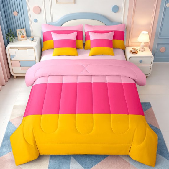 Erosebridal Modern Geometric Pattern 7-Piece Twin Bedding,Mid-Century Lines Bedding Comforter Set,Pink Reversible