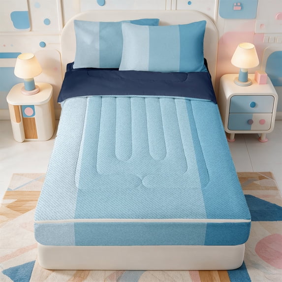Erosebridal Modern Geometric Pattern Zipper Twin Comforter Sets with Fitted Sheet and 2 Pillowcases,Linear Stripes Zipper Bedding Set,Navy Blue Reversible,4 Pieces