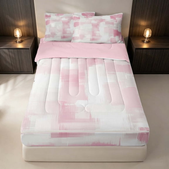 Erosebridal Modern Geometric Zipper Twin Comforter Sets with Fitted Sheet and 2 Pillowcases, Contemporary Abstract Zipper Bedding Set, Pink White, Pink Reversible