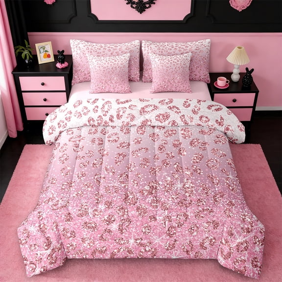 Erosebridal Modern Glitter Bed in a Bag Twin Size,Abstract Pink Art Bed Set,Feminine Theme Bedding Twin Size For Girls,Ultra Soft Bedroom Decoration Reversible,7 Pieces