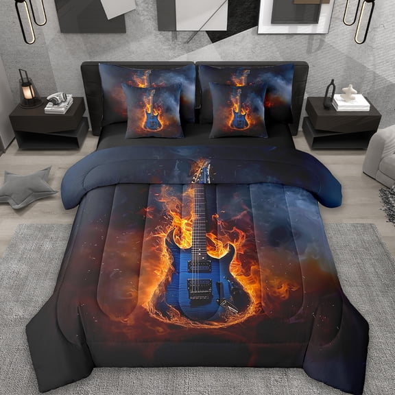 Erosebridal Modern Guitar Bed in a Bag Twin Size,Music Instrument Bed Set,Fire Flame Print Bedding Twin Size For Youth,Breathable Room Decor Reversible,7 Pieces