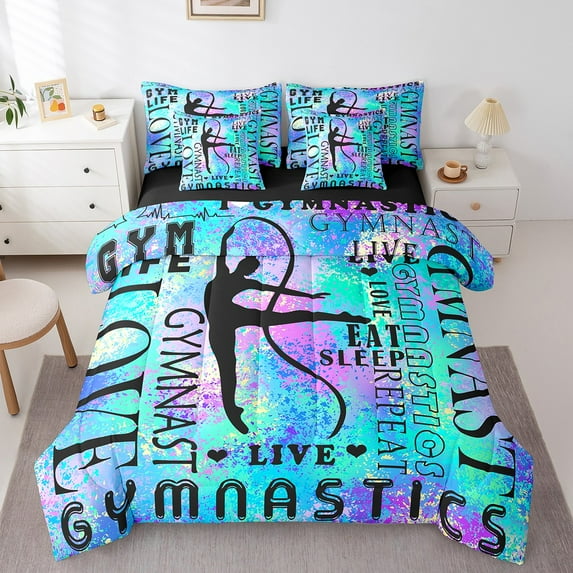 Erosebridal Modern Gymnastics Bedding Sets Twin Size, Eat Sleep Comforter Sets with Sheets, Watercolor Reversible Bed Set, Ultra Soft Room Decor, 7 Pieces