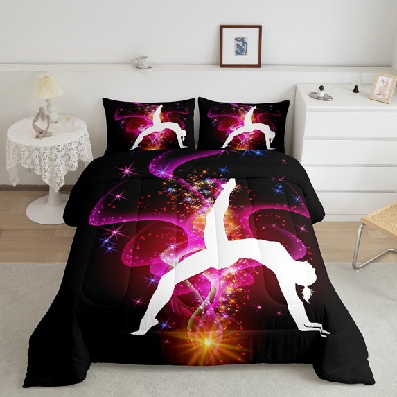 Erosebridal Modern Gymnastics Comforter Sets Twin Size, Neon Stripe Comforters & Duvets, Glitter Stars Decor, 2-Piece