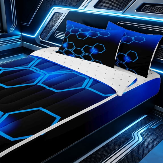 Erosebridal Modern Honeycomb Zipper Queen Comforter Set with Fitted Sheet and 2 Pillowcases for Boys Men, Gradient Backdrop Print Zipper Bedding Set, Blue Black, Reversible, 4pcs