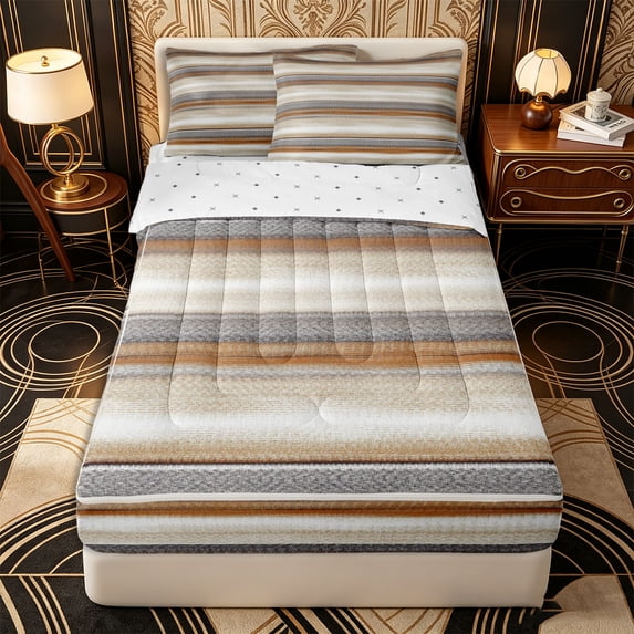 Erosebridal Modern Horizontal Stripe Zipper Twin Comforter Sets with Fitted Sheet and 2 Pillowcases,Textured Gradient Wash Zipper Bedding Set,Beige Grey,Reversible