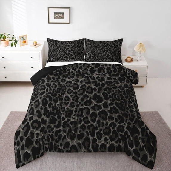 Erosebridal Modern Leopard Print Kids Full Size Comforter Sets, Farmhouse Camo Printed Bedding Sets, Black Reverisble, 3-Piece