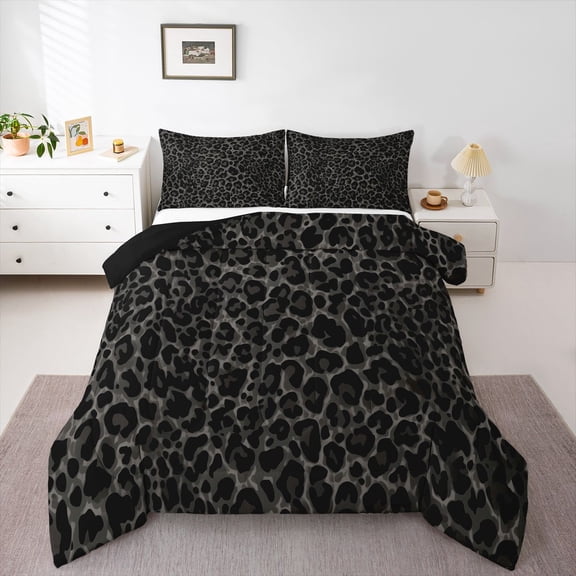 Erosebridal Modern Leopard Print Kids Queen Comforter Set, Farmhouse Camo Printed Bedding Comforter Set, Black Reverisble, 3-Piece