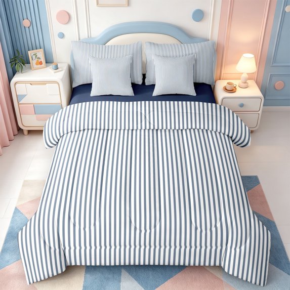 Erosebridal Modern Lines 7-Piece Twin Bedding,Contemporary Geometric Stripes Bedding Comforter Set,Navy Blue Reversible