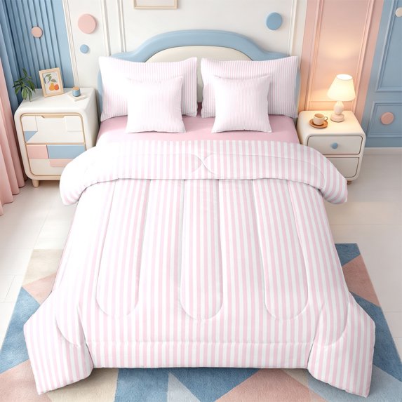 Erosebridal Modern Lines 7-Piece Twin Bedding,Minimalist Geometric Stripes Bedding Comforter Set,Pink Reversible