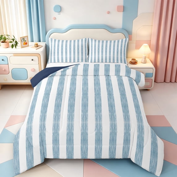 Erosebridal Modern Lines Full Size Comforter Sets,Aesthetic Abstract Stripes Bedding Comforter Set,Navy Blue Reversible,3-Piece,1 Comforter and 2 Pillowcases