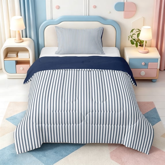 Erosebridal Modern Lines Twin Comforter Sets,Contemporary Geometric Stripes Bedding Set,Navy Blue Reversible,2 Pieces,1 Comforter and 1 Pillowcase