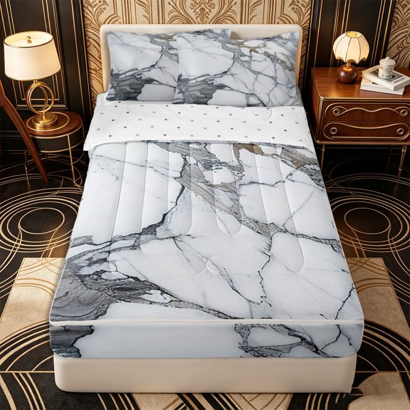Erosebridal Modern Marble Swirl Pattern Zipper Twin Comforter Sets with Fitted Sheet and 2 Pillowcases,Streaked Texture Print Zipper Bedding Set,Grey Gold White,Reversible