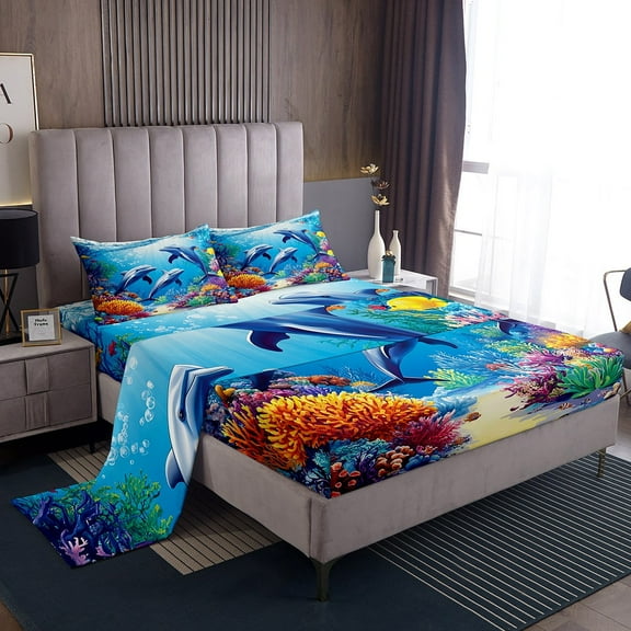 Erosebridal Sealife Dolphin Sheet Set Twin,Marine Animal Bedding Sets Twin Size,Sea Decor,Breathable,3pcs