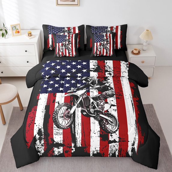 Erosebridal Modern Motorcycle Bedding Full Size, American Flag Bedding Sets Full Size, Extreme Sports Decor, Reversible 7pcs