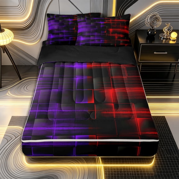 Erosebridal Modern Neon Grid Zipper Twin Comforter Sets with Fitted Sheet and 2 Pillowcases,Horizontal Light Streak Zipper Bedding Set,Purple Red Black,Black Reversible