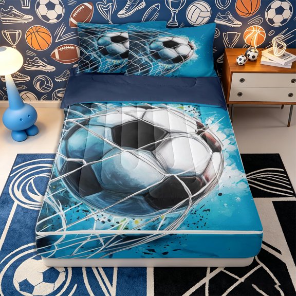 Erosebridal Modern Soccer Ball Pattern Zipper Twin Comforter Sets with Fitted Sheet and 2 Pillowcases,Paint Splatter Net Print Zipper Bedding Set,Cyan Black White,Navy Blue Reversible