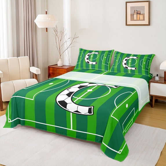 Erosebridal Modern Soccer Court Pattern Kids Bed Sheets,Letter C Monogrammed King Sheets For Boys Teens 4 Pieces