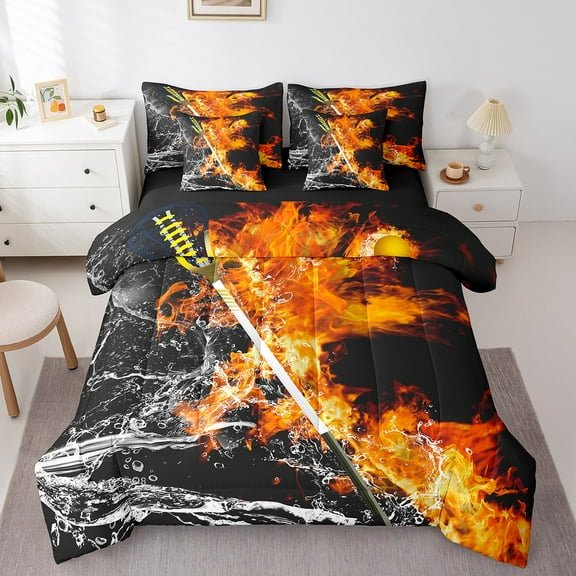 Erosebridal Modern Sports Bed in a Bag Twin size, Lacrosse Bed Set, Fire Water Decor, Reversible 7 Pieces