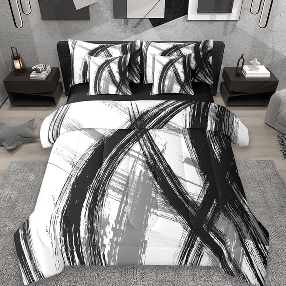 Erosebridal Modern Stripe 7pcs Bedding Comforter Set,White Black Abstract Art Queen Bedding Sets For Men Women,Reversible