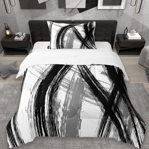 Erosebridal Modern Stripe Twin Comforter Sets,White Black Abstract Art Bedding Set For Men Women 2-Piece