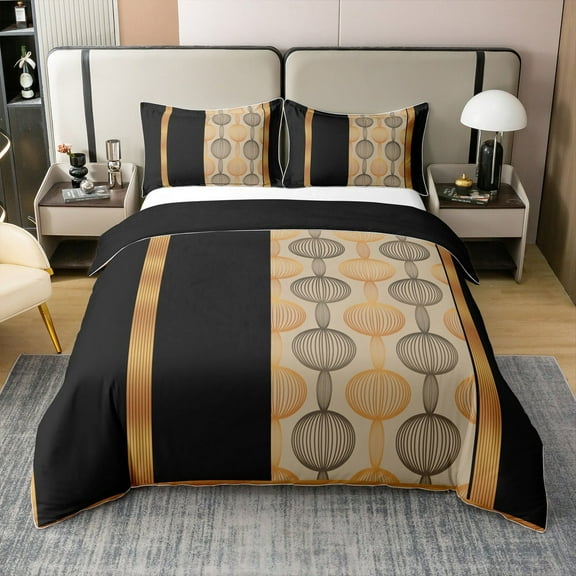 Erosebridal Modern Stripes 100% Cotton Comforter Cover Twin, Retro Circle Swirl 100% Cotton Duvet Cover Twin Size, Black Gold, Reversible 2 Pieces(No Comforter)