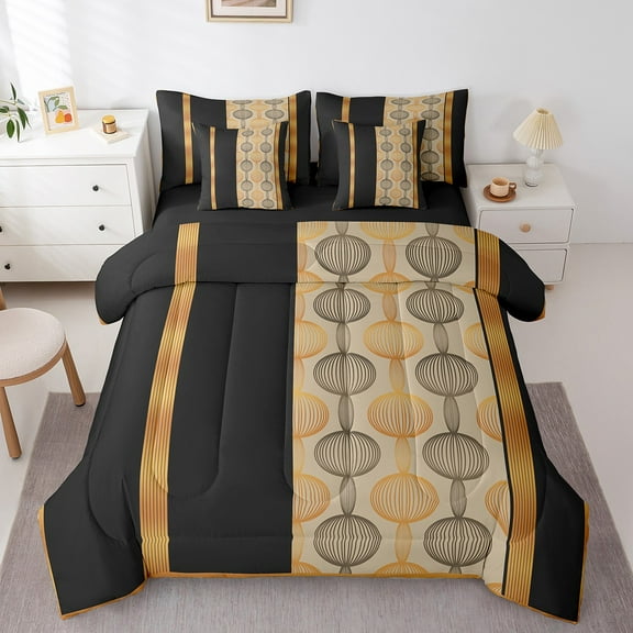 Erosebridal Modern Stripes Bedding Twin Size, Retro Circle Swirl Bedding Sets Twin Size, Black Gold, Reversible 7 Pieces