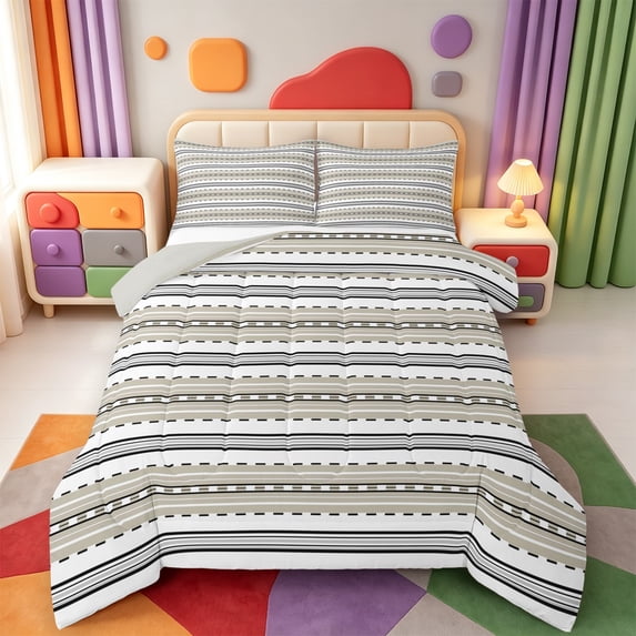 Erosebridal Modern Stripes Full Size Comforter Sets,Geometric Lines Pattern Bedding Comforter Set,Light Gray Reversible,3pcs,1 Comforter and 2 Pillowcases