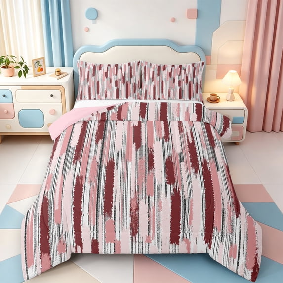 Erosebridal Modern Stripes Full Size Comforter Sets,Minimalist Geometric Lines Bedding Comforter Set,Pink Reversible,3pcs,1 Comforter and 2 Pillowcases