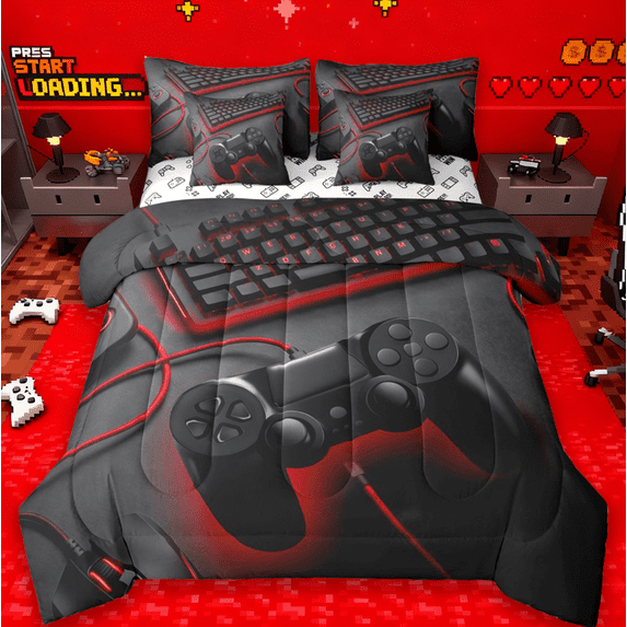 Erosebridal Modern Video Game 7-Piece Bedding Comforter Set,Kids Game Controller King Bedding Sets For Console Gamer,Reversible