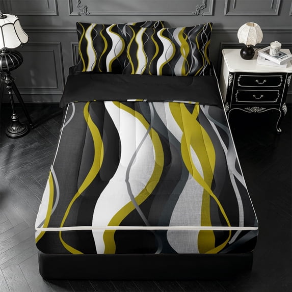 Erosebridal Modern Wave Stripe Zipper Twin Comforter Sets with Fitted Sheet and 2 Pillowcases,Geometric Line Art Zipper Bedding Set For Girls,Black Reversible,4 Pieces