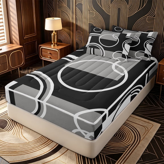 Erosebridal Monochrome Abstract Circle Zipper Twin Comforter Sets with Fitted Sheet and 2 Pillowcases,Two-Tone Block Stripes Zipper Bedding Set,Charcoal Gray White,4-Piece,Black Reversible