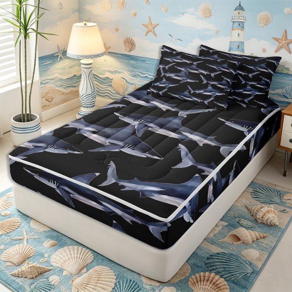 Erosebridal Monochrome Realistic Shark Print Zipper Twin Comforter Sets with Fitted Sheet and 2 Pillowcases,Deep Dark Sea Background Accent Zipper Bedding Set,Black Slate,4-Piece,Black Reversible