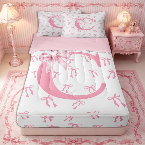 Erosebridal Monogram Letter C Zipper Twin Comforter Sets with Fitted Sheet and 2 Pillowcases,Satin Bow Decoration Zipper Bedding Set,Pink White,4-Piece,Pink Reversible
