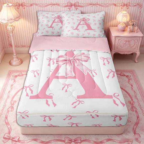 Erosebridal Monogram Letter A Zipper Twin Comforter Sets with Fitted Sheet and 2 Pillowcases,Satin Bow Accent Zipper Bedding Set,Pink White,4-Piece,Pink Reversible
