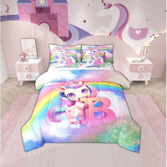 Erosebridal Monogrammed B Bed in a Bag King size, Kawaii Unicorn Bed Set, Cartoon Rainbow Reversible Bedding King Size, Ultra Soft Bedroom Decoration, 7pcs