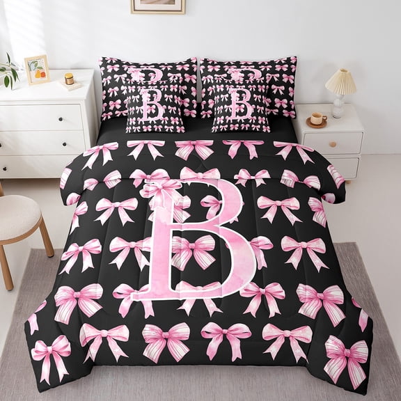 Erosebridal Monogrammed B Bed in a Bag Twin Size,Cute Bowknot Bed Set,Pink Black Bedding Twin Size,Microfiber Room Decorative Reversible,7 Pieces