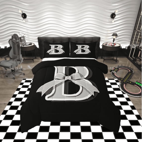 Erosebridal Monogrammed B Bedding Sets Twin with Comforter, Initial Letter Duvet Insert, Gray Bow Reversible Down Comforter, Super Cozy Bedroom Decor, 2 Pieces