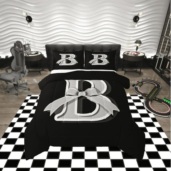 Erosebridal Monogrammed B Bedding Sets Twin with Comforter, Initial Letter Duvet Insert, Gray Bow Reversible Down Comforter, Super Cozy Bedroom Decor, 2 Pieces