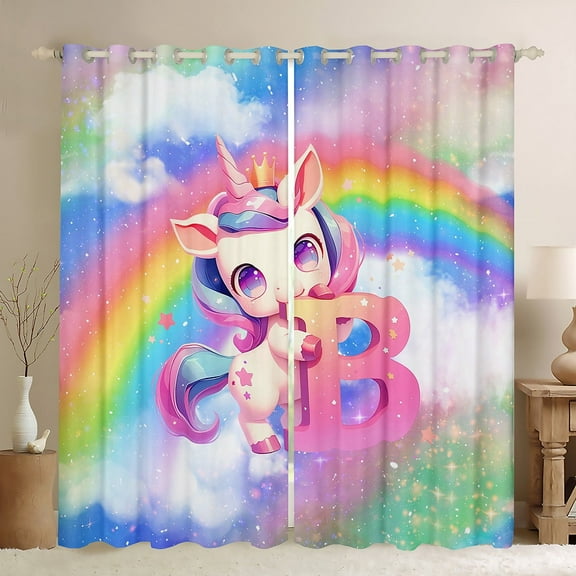 Erosebridal Monogrammed B Curtains Pack of 2 (38x54), Kawaii Unicorn 30%-50% Blackout Curtains for Bedroom, Cartoon Rainbow 30%-50% Black Out Curtains, Window Curtains Bedroom Decoration