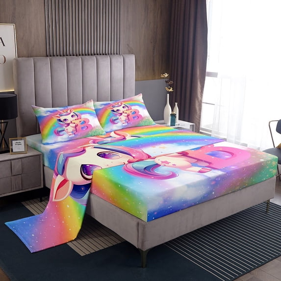 Erosebridal Monogrammed B Twin Sheet Sets, Kawaii Unicorn Bed Sheets Twin, Cartoon Rainbow Bedding Twin Size, Ultra Soft Bedroom Decoration, 3pcs