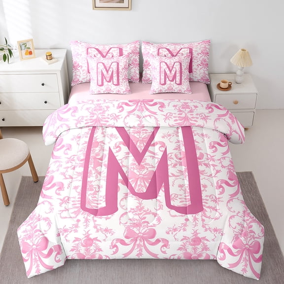 Erosebridal Monogrammed Bed in a Bag Twin Size,Bowknot Bow Flower Bed Set,Initial Letter M Bedding Twin Size,Lightweight Bedroom Decor Reversible,7 Pieces
